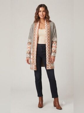BiBi Geometric Pattern Open Front Cardigan Gray Orange Boho Sweater Size L
